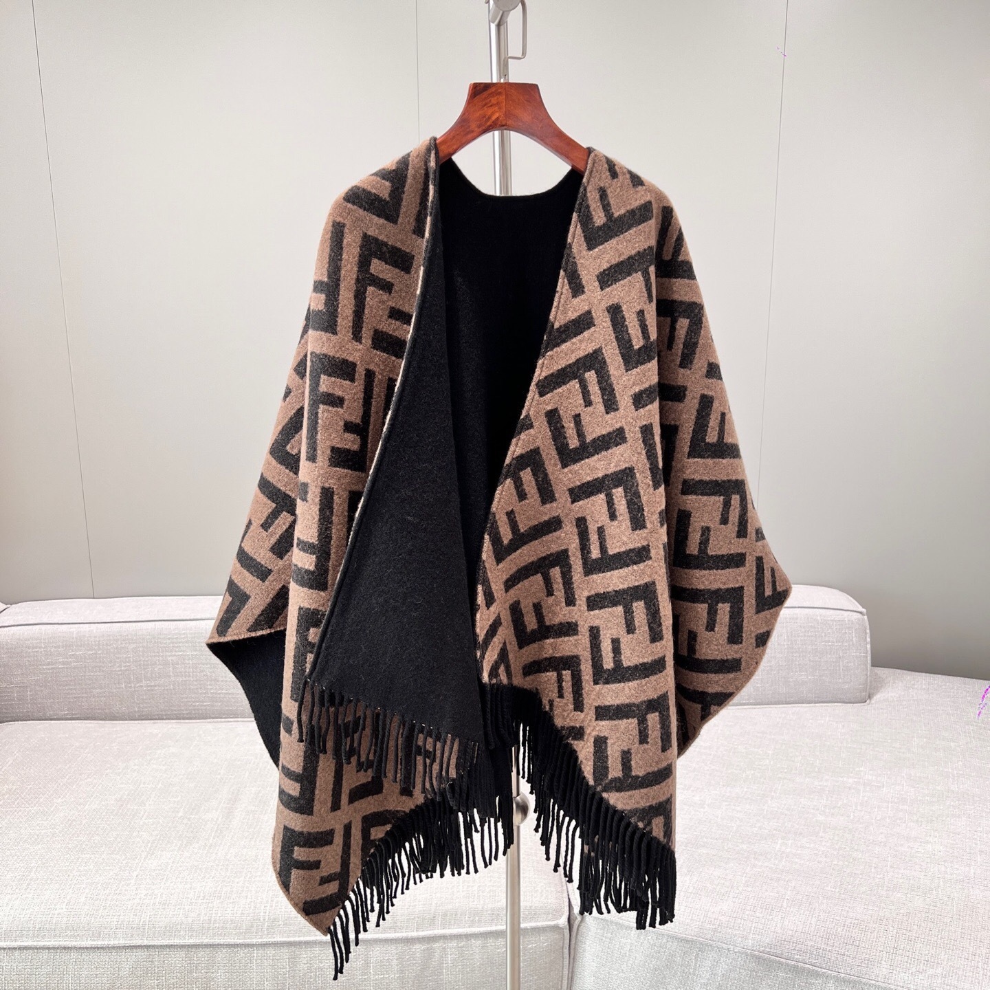 Fendi reversible wool and cashmere blend cape or poncho with the FF logo pattern scarf