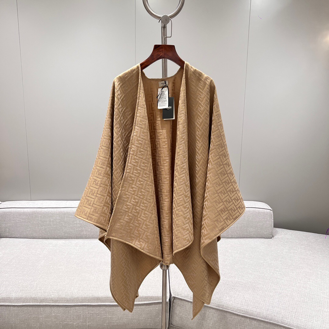 Fendi cashmere and wool poncho in brown with the FF monogram Scarf