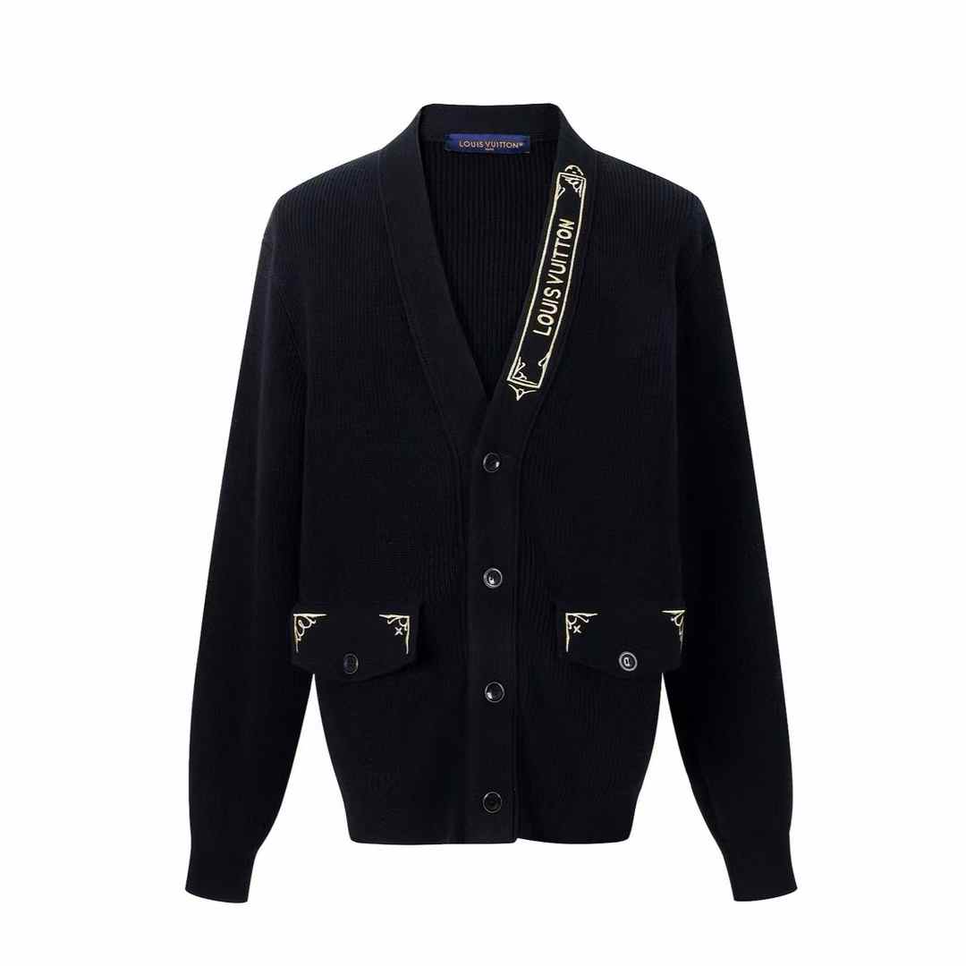 LV Embroidered Signature Cardigan in black cotton and nylon blend