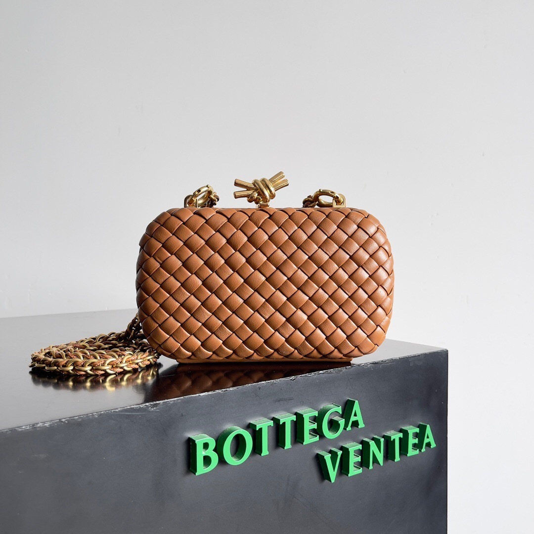 Bottega Veneta Knot Minaudiere clutch bag in brown intrecciato leather with a gold-tone chain strap