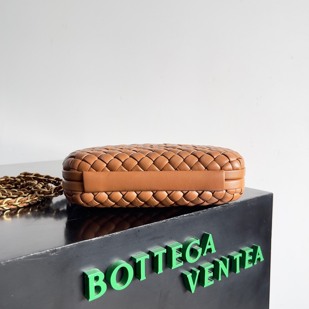 Bottega Veneta Knot Minaudiere clutch bag in brown intrecciato leather with a gold-tone chain strap