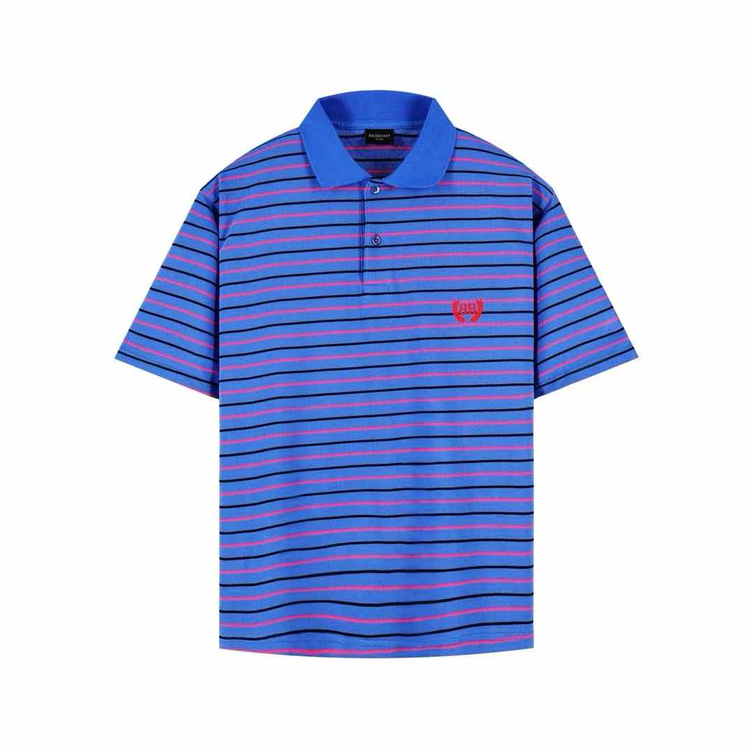 Balenciaga Laurel Classic Fitted Polo shirt in blue, pink, and black striped cotton pique