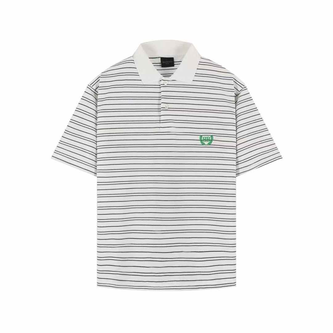 Balenciaga Laurel Classic Polo shirt in white striped cotton piqué with a green embroidered logo