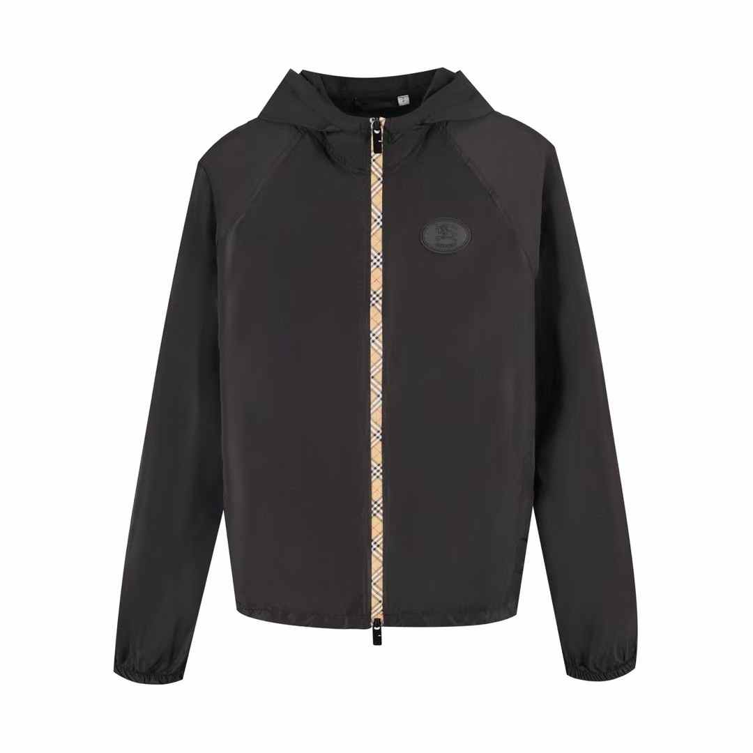 Burberry Nylon Cotton Jacket in black with a B shield plaque and B-cut zip pulls