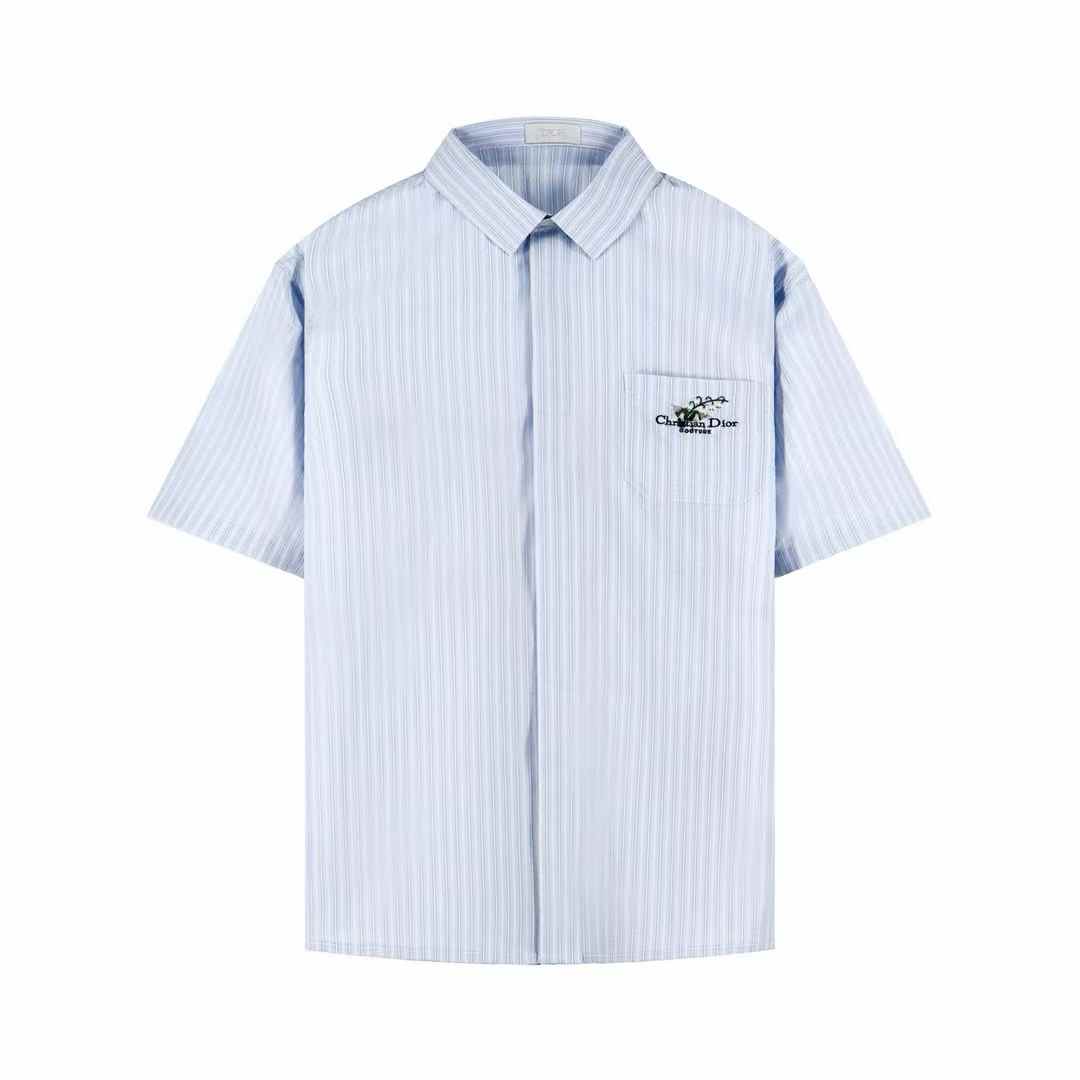 Dior Short-Sleeved Shirt with Christian Dior Couture Lily of the Valley Embroidery in blue striped cotton poplin