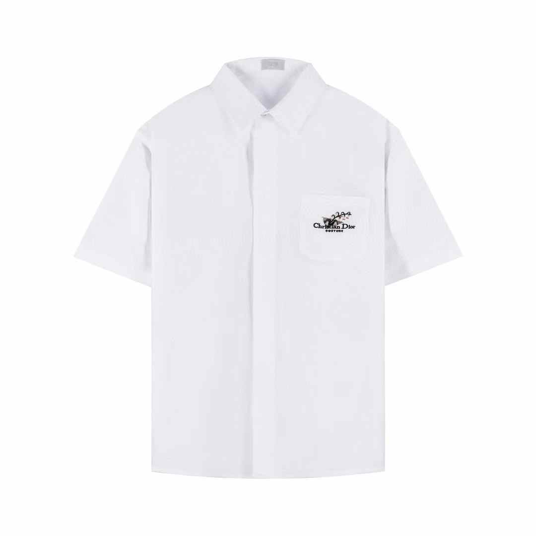 Dior white cotton poplin short-sleeved shirt featuring the "Handwritten Christian Dior 1947" embroidery