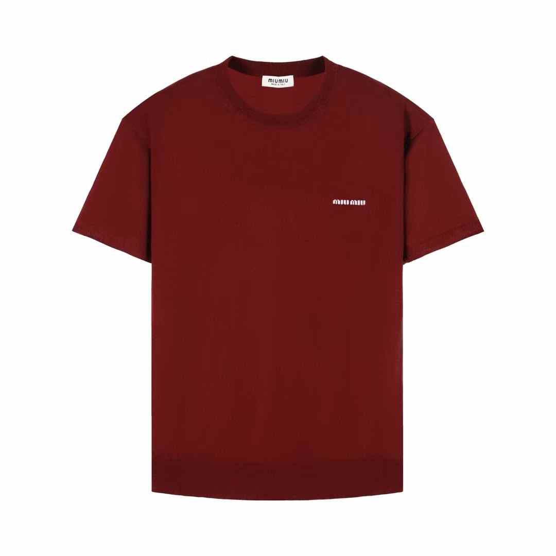 Miu Miu logo-embroidered T-shirt in burgundy cotton jersey