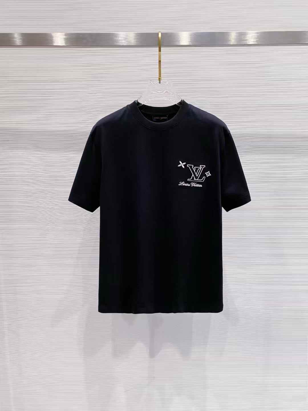 LV black short sleeve T-shirt with a white logo and star embroidery