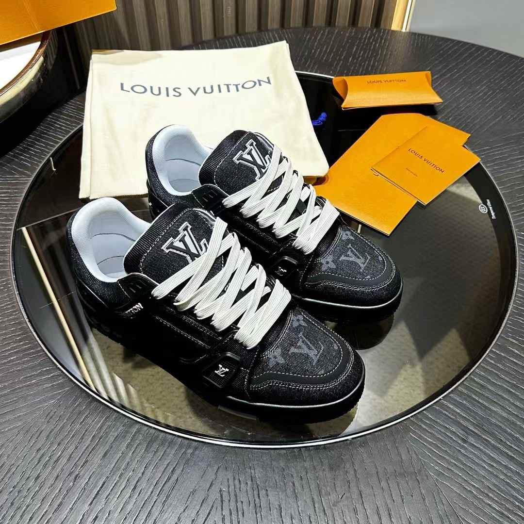 LV Trainer sneaker in black Monogram denim and Monogram-embossed grained calf leather