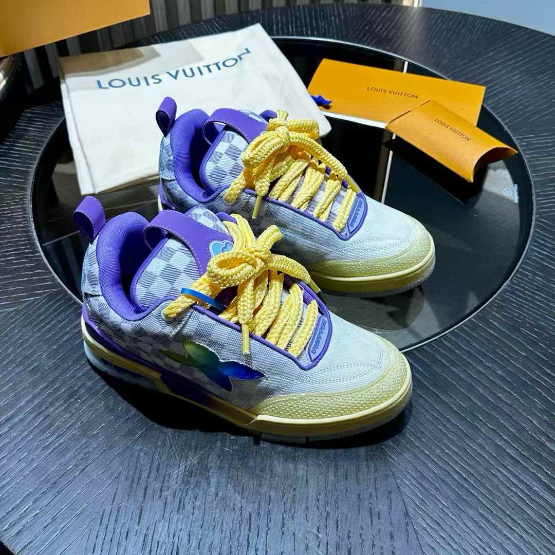LV Skate sneakers in a purple and beige colorway featuring gradient Damier denim
