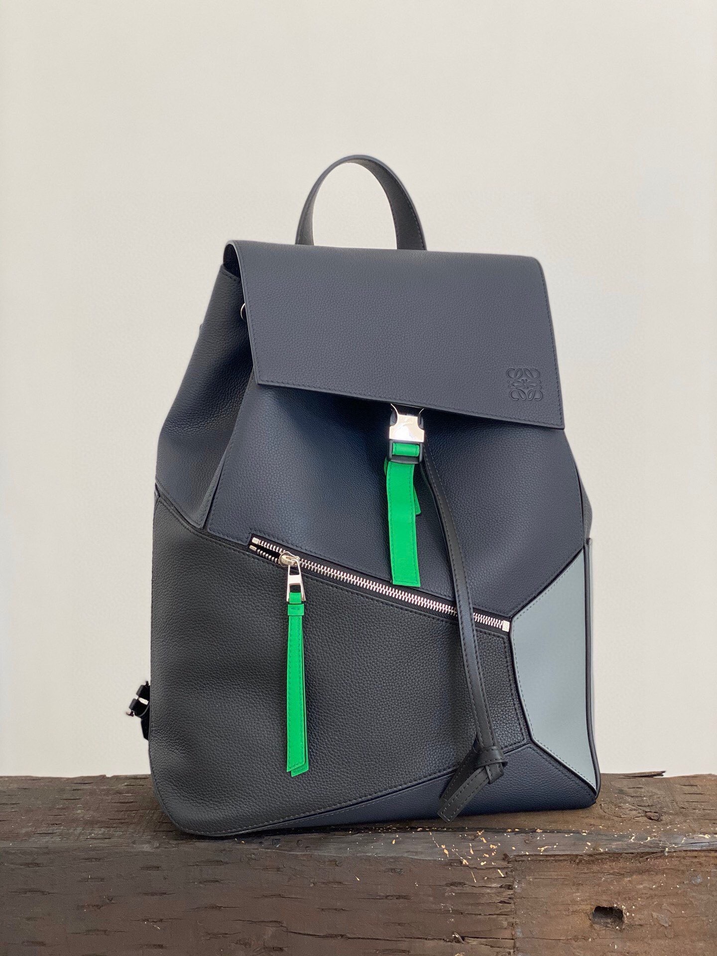 Loewe 'Puzzle' Colourblock Leather Backpack in Deep Blue/Green