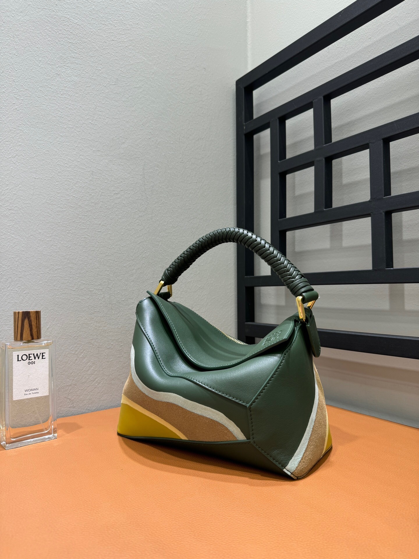 Loewe Puzzle Edge Landscape small bag in nappa calfskin and suede with a woven top handle