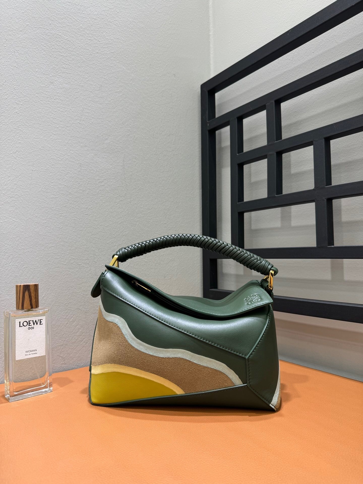 Loewe Puzzle Edge Landscape small bag in nappa calfskin and suede with a woven top handle