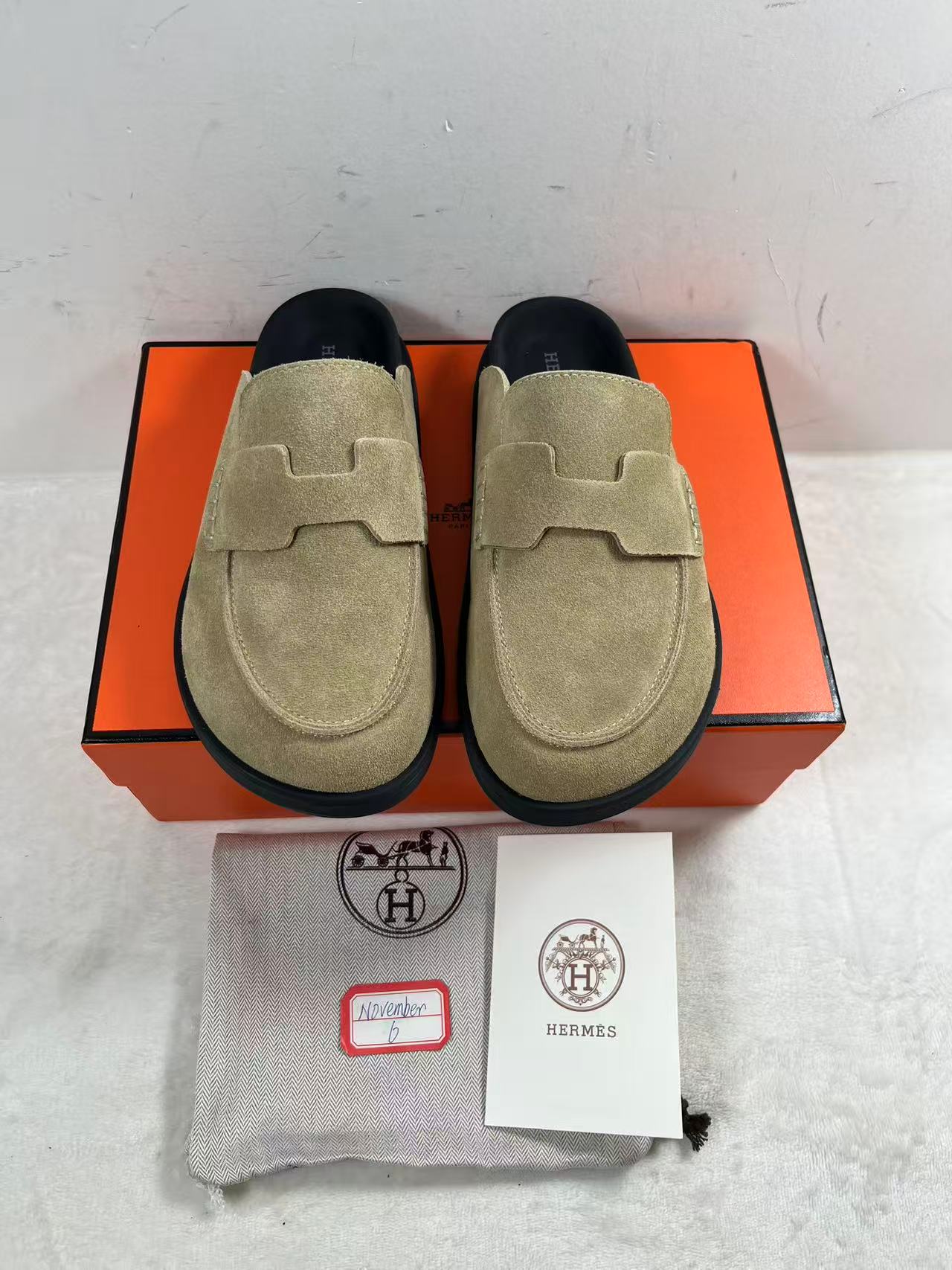 Hermès Go mule men's mules in beige camel suede calfskin leather