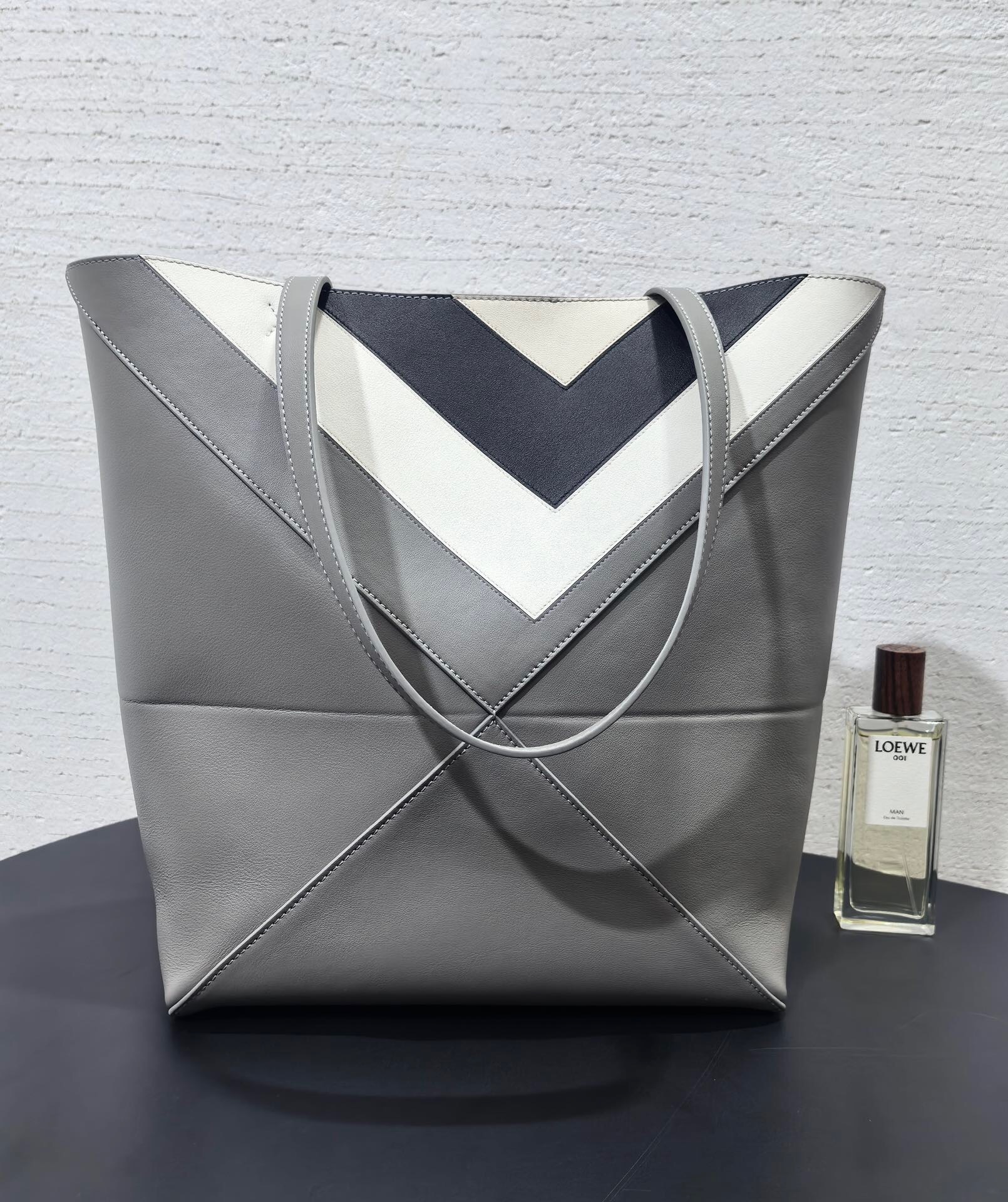 Loewe Medium Puzzle Fold Tote bag in a grey and white chevron pattern