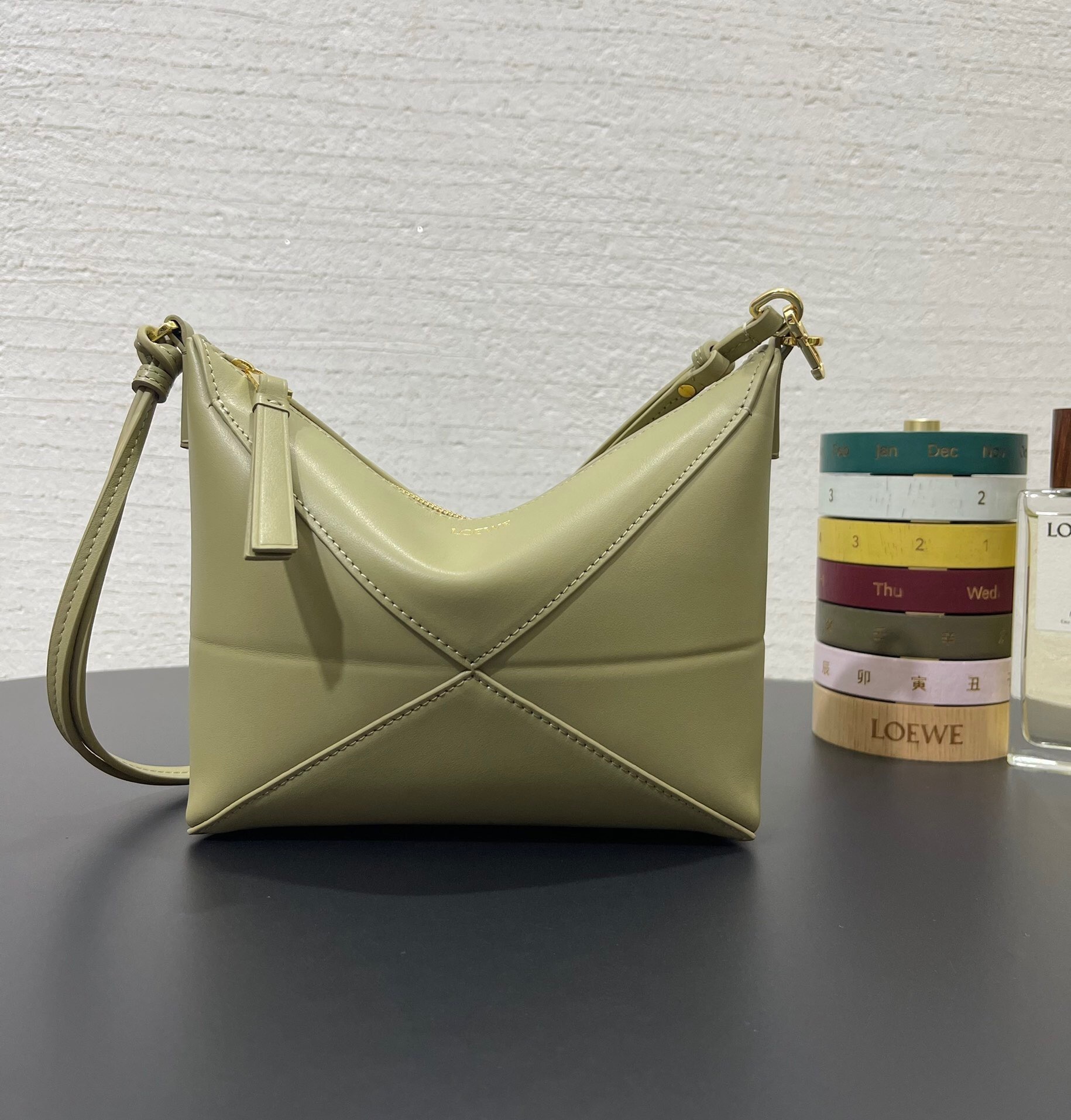 Loewe Mini Puzzle Fold tote bag in shiny green calfskin