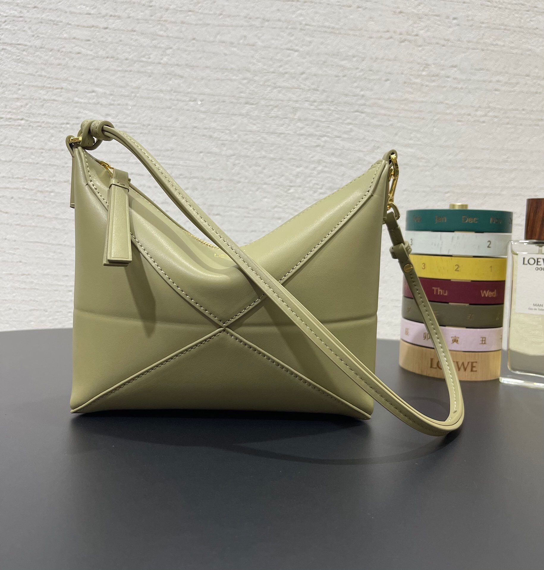 Loewe Mini Puzzle Fold tote bag in shiny green calfskin
