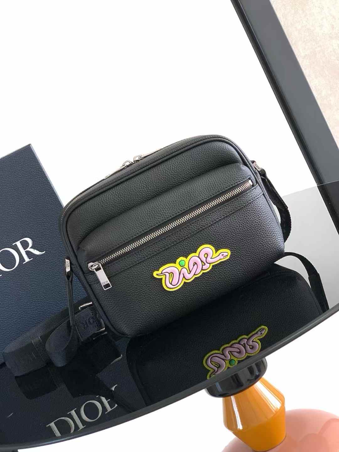Dior x KAWS Mini Rider 2.0 Zipped Messenger Bag in black grained calfskin