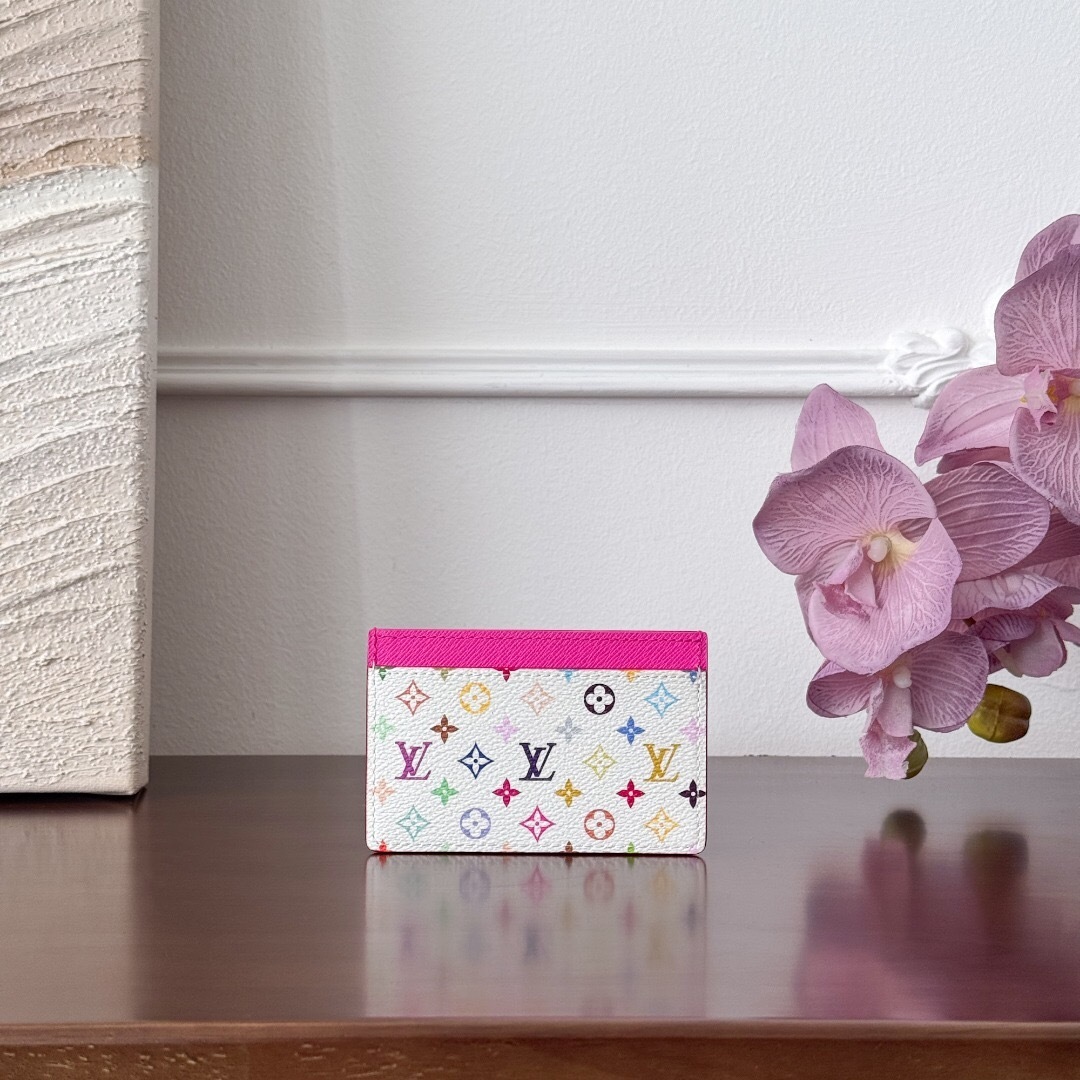 LV x Takashi Murakami Monogram Multicolor Card Holder in white coated canvas with a kawaii pink leather lining