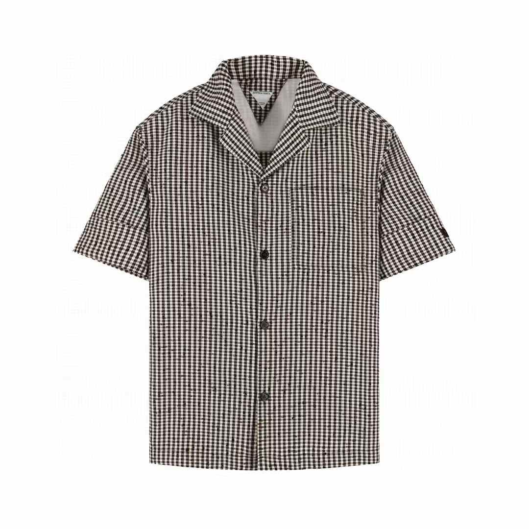 Bottega Veneta Knotted Viscose Check Shirt in talc/brown/black, made of a blend of viscose, silk, and polyester