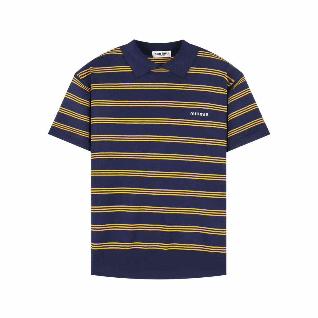 Miu Miu striped cotton jersey polo shirt in navy blue and yellow with an embroidered logo at the chest