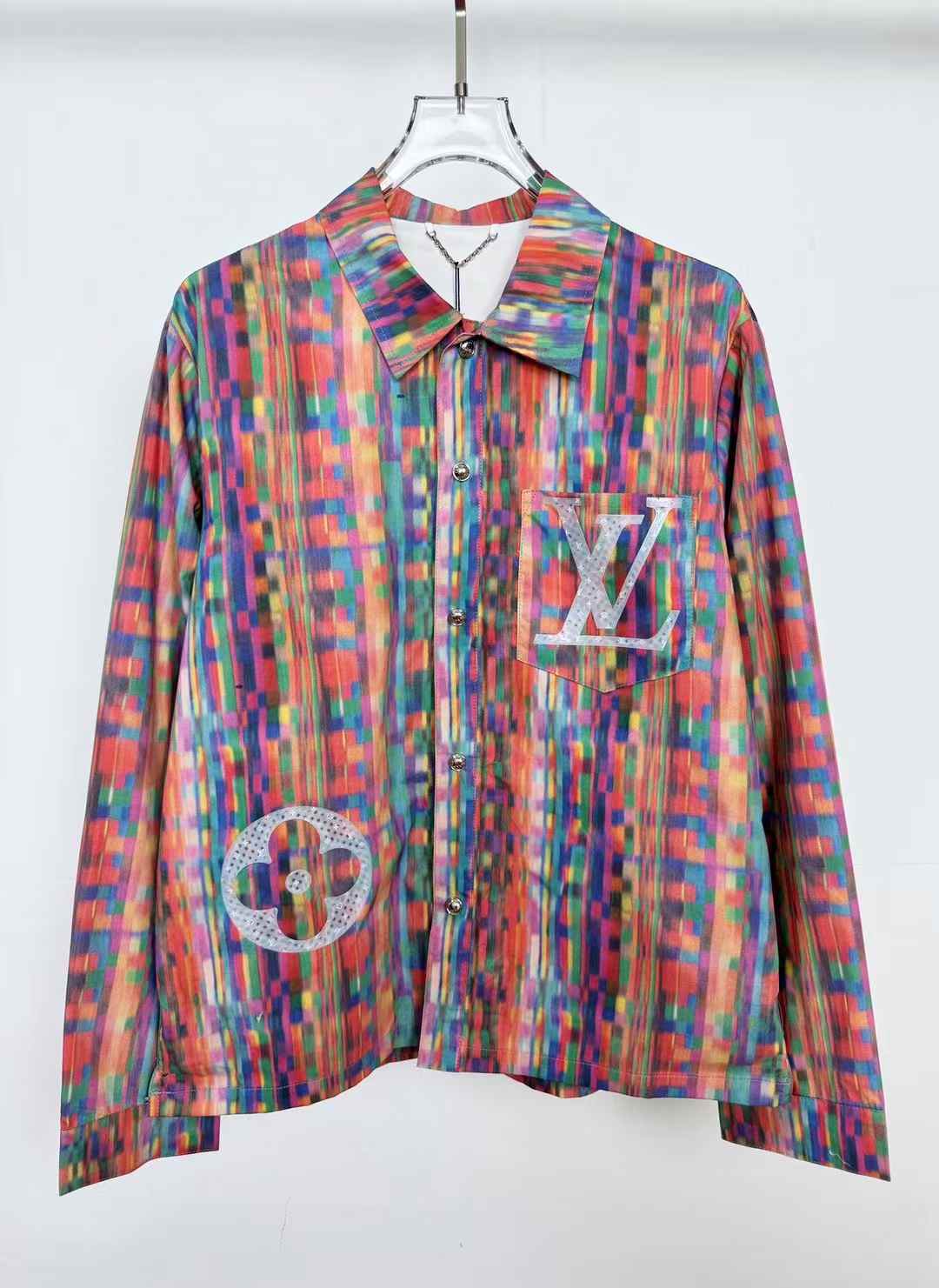 lv Trompe L'Oeil Printed Overshirt in a lightweight technical taffeta with a vibrant, colorful, pixelated print
