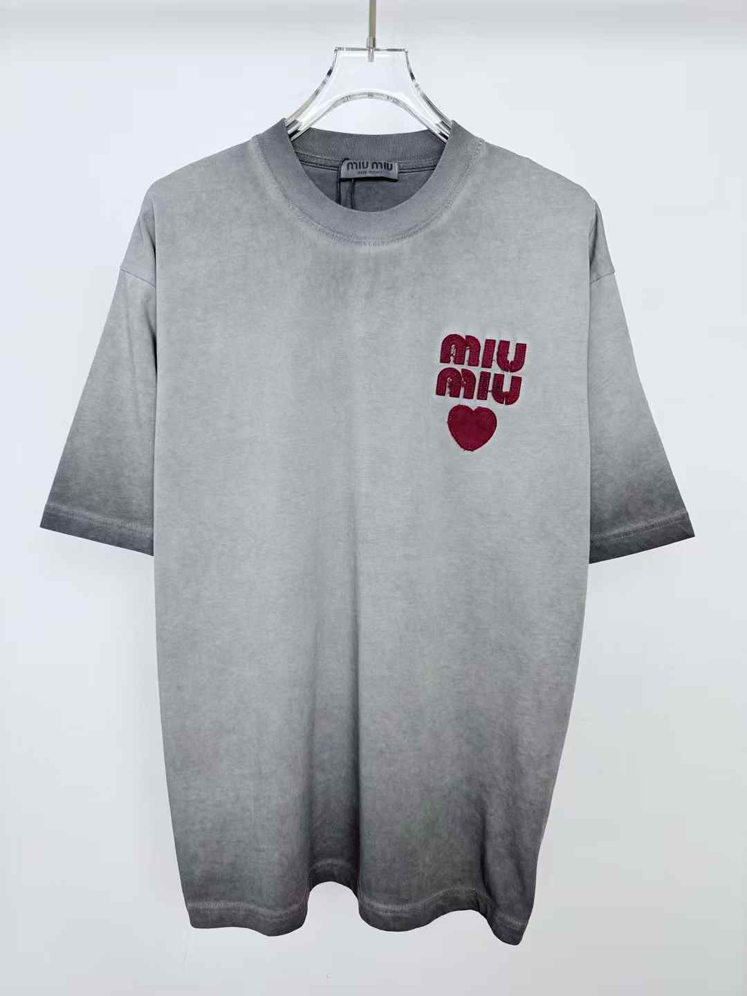 Miu Miu grey cotton t-shirt with red logo and heart embroidery