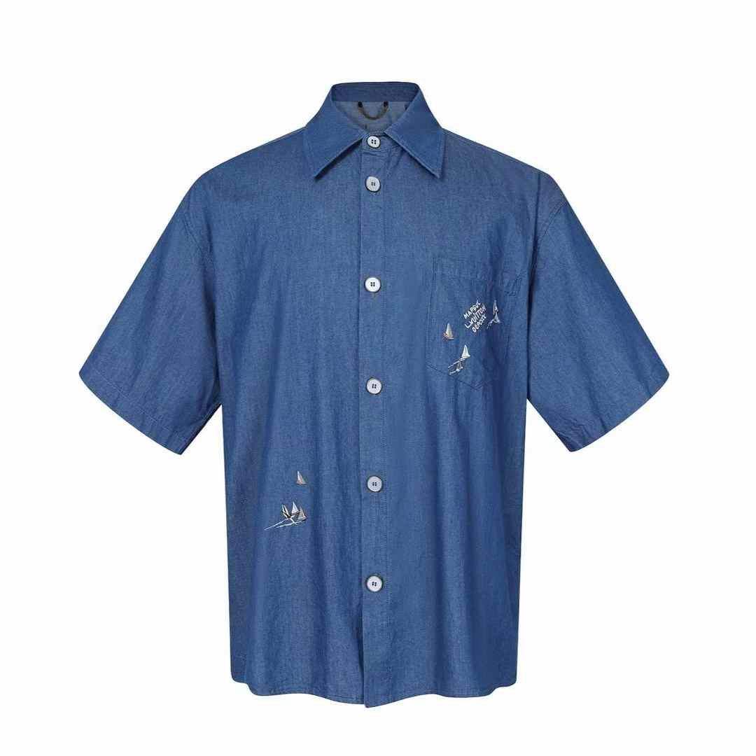 LV Embroidered Chambray Short-Sleeved Shirt in indigo cotton with a regatta motif