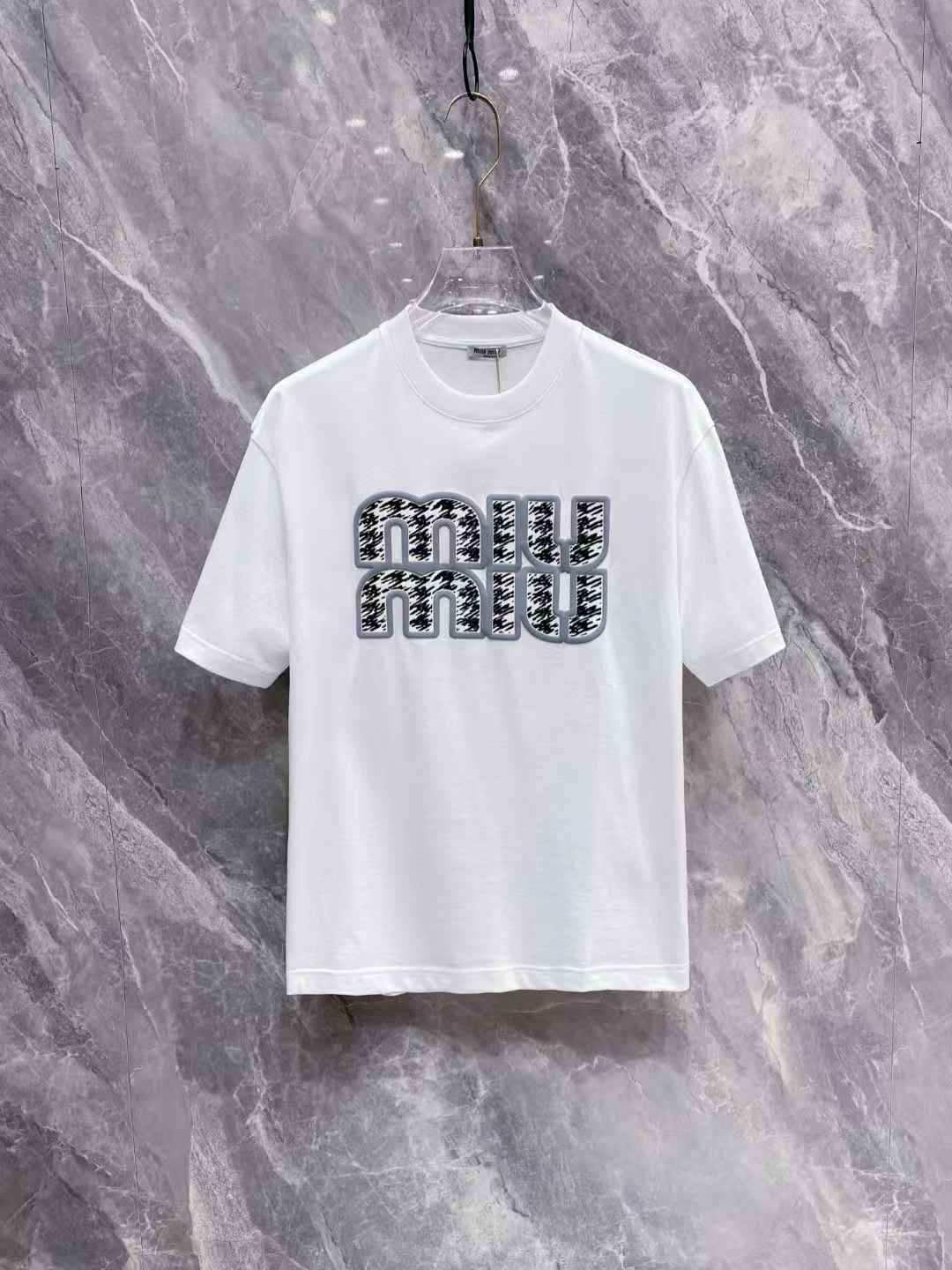 Miu Miu white cotton jersey T-shirt with a crystal-embellished logo