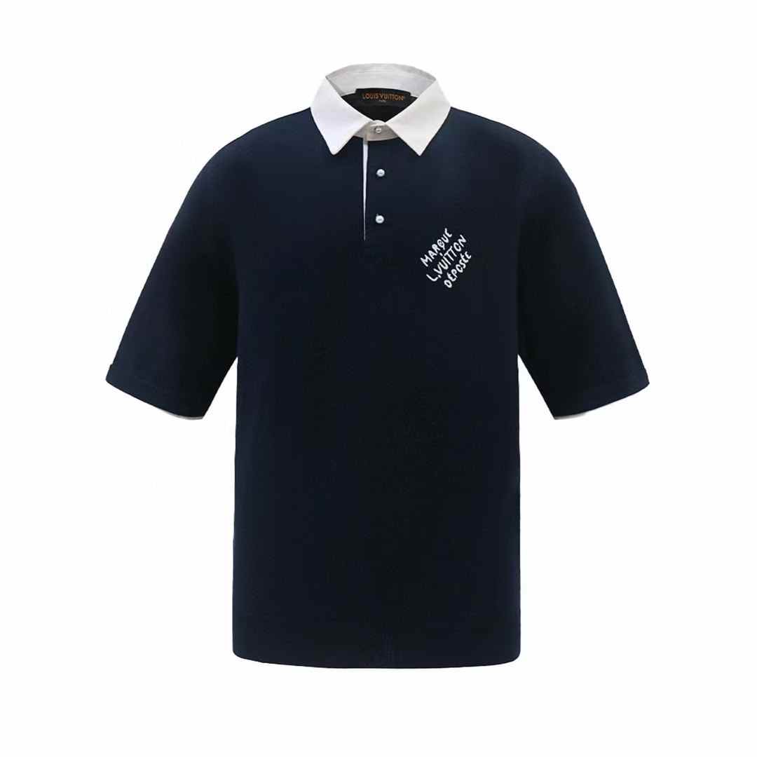 LV Embroidered Short-Sleeved Cotton Blend Polo Shirt in navy blue