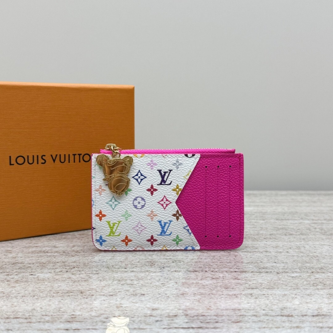 LV x Takashi Murakami Romy card holder in the kawaii pink and white multicolored canvas