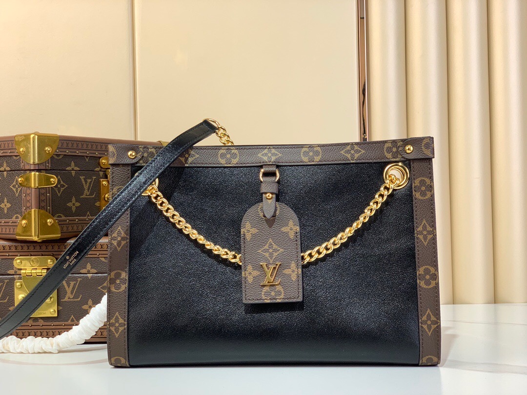LV handbag with a black body and monogram canvas trim