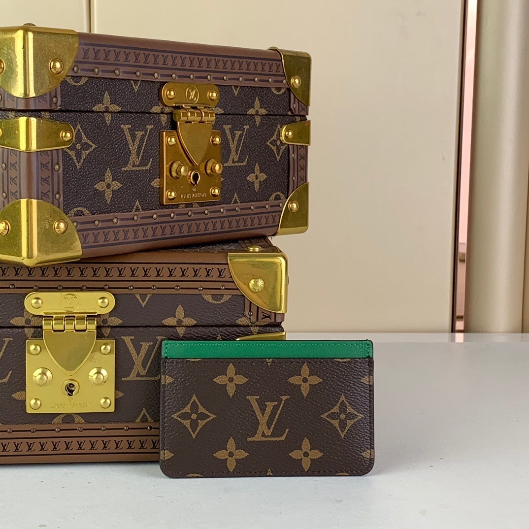 LV Double Card Holder in Monogram Macassar Canvas with a Borneo Green colored stripe