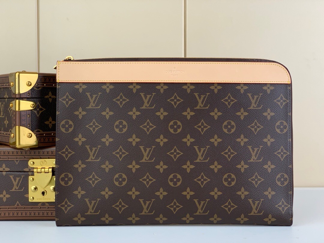 LV Pochette Jour in Monogram coated canvas with aged natural cowhide leather trim