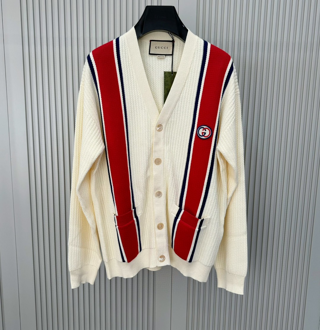 Gucci Interlocking G cotton cardigan in white with red and navy stripes