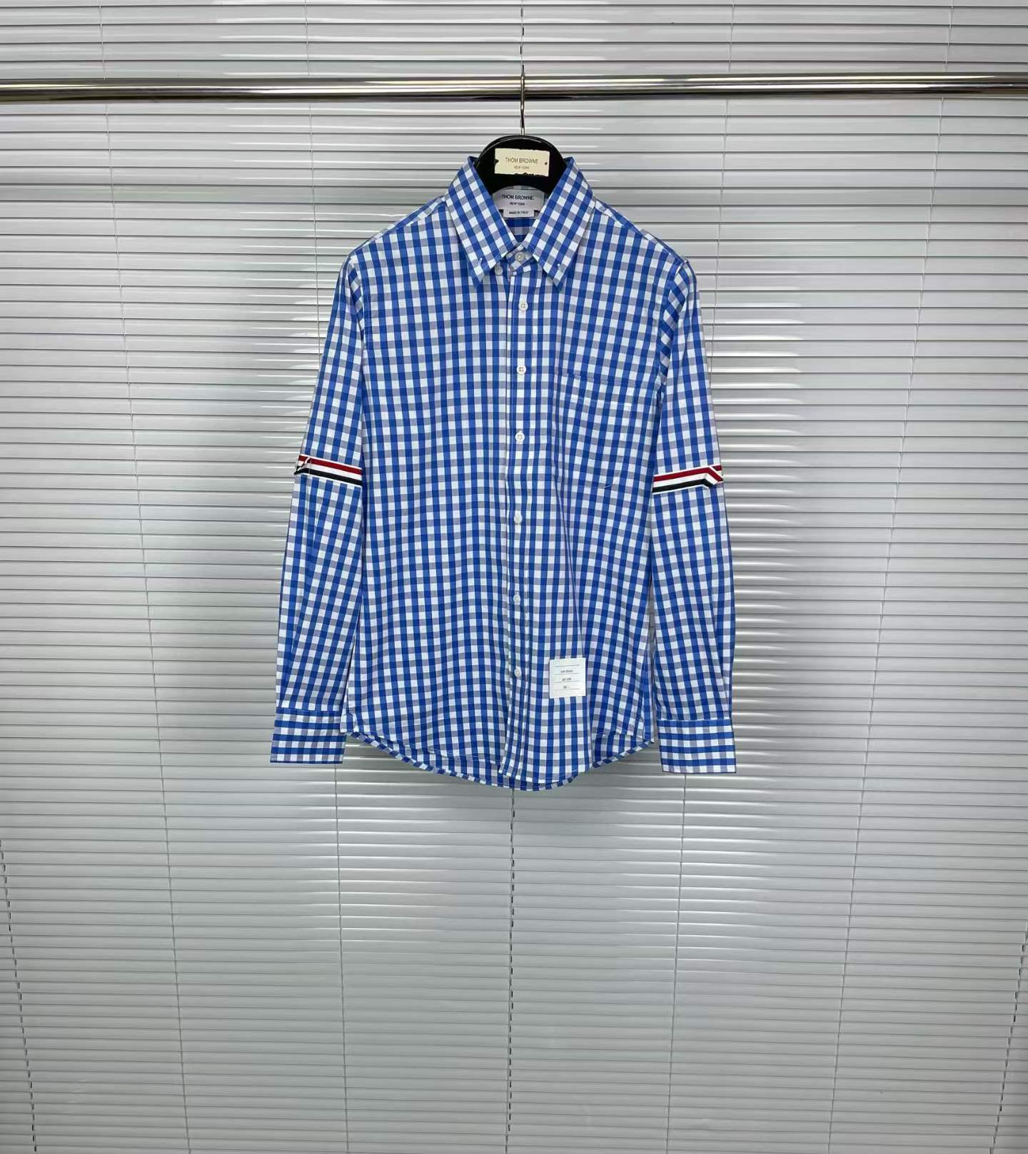 Thom Browne Gingham Check Poplin Armband Shirt in blue and white cotton