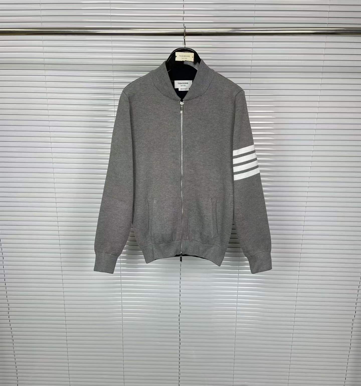Thom Browne 4-Bar stripe bomber jacket in medium grey cotton-wool blend