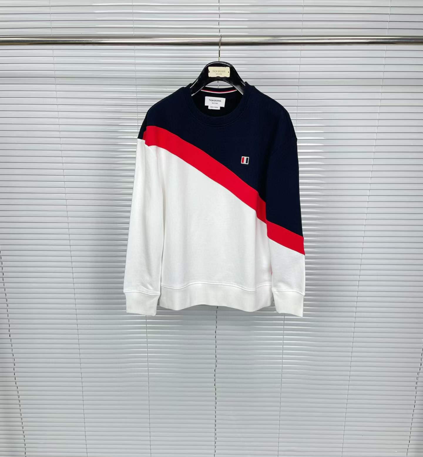 thom browne Crewneck Color Block sweatshirt in white, red, and navy