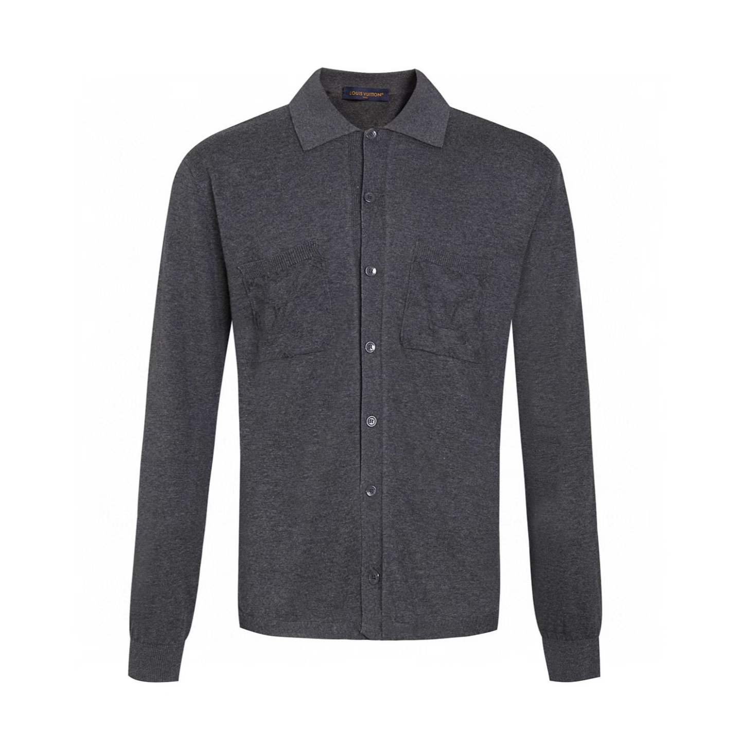 LV grey self-design casual shirt with a spread collar, two flap pockets, long sleeves, and a curved hem.