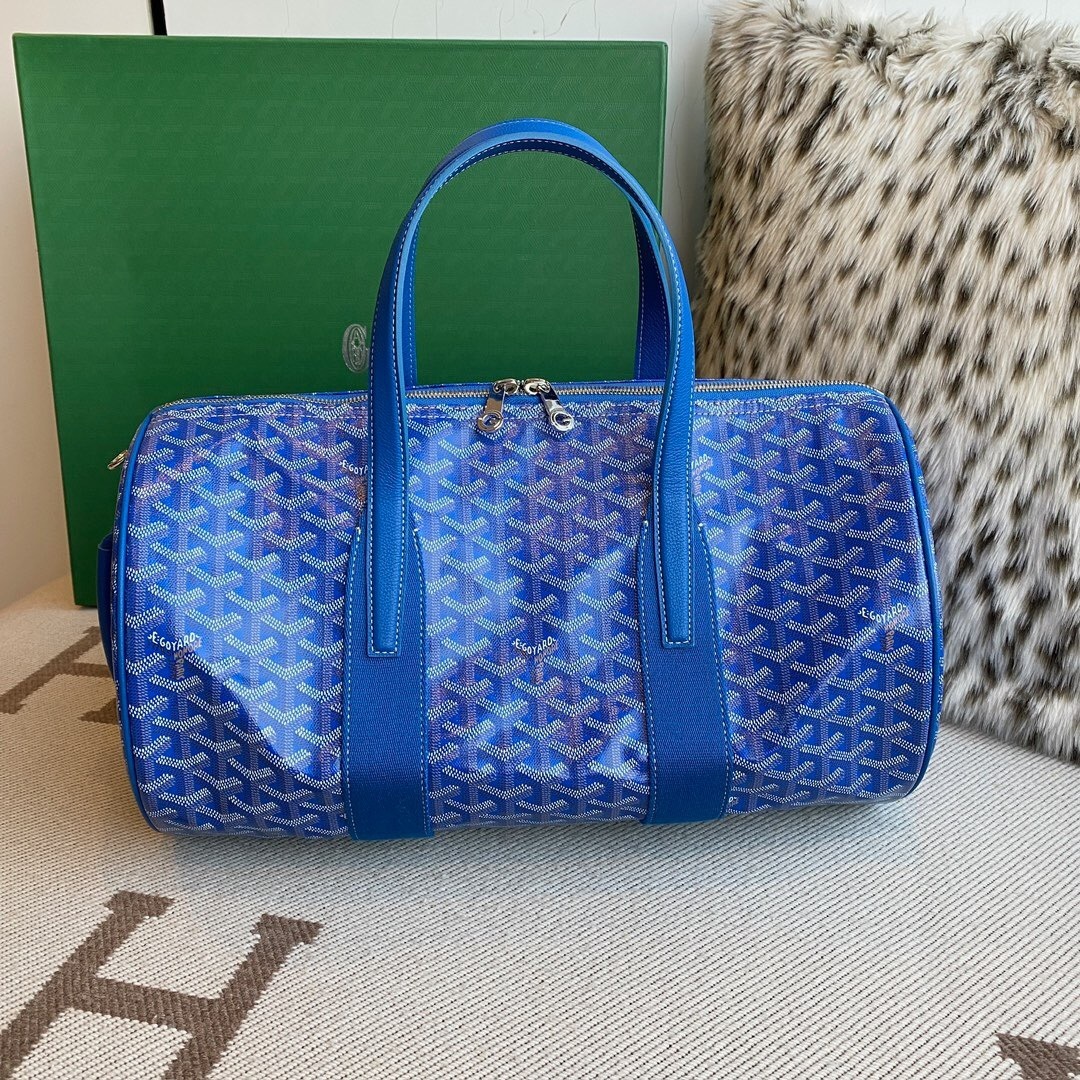Goyard Barrel 40 Sports Bag in blue Goyardine canvas with calfskin trims