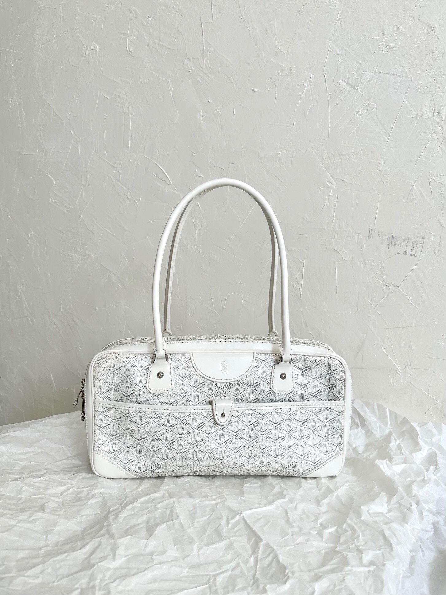 Goyard St. Martin bag in white chevron print coated canvas with leather trim