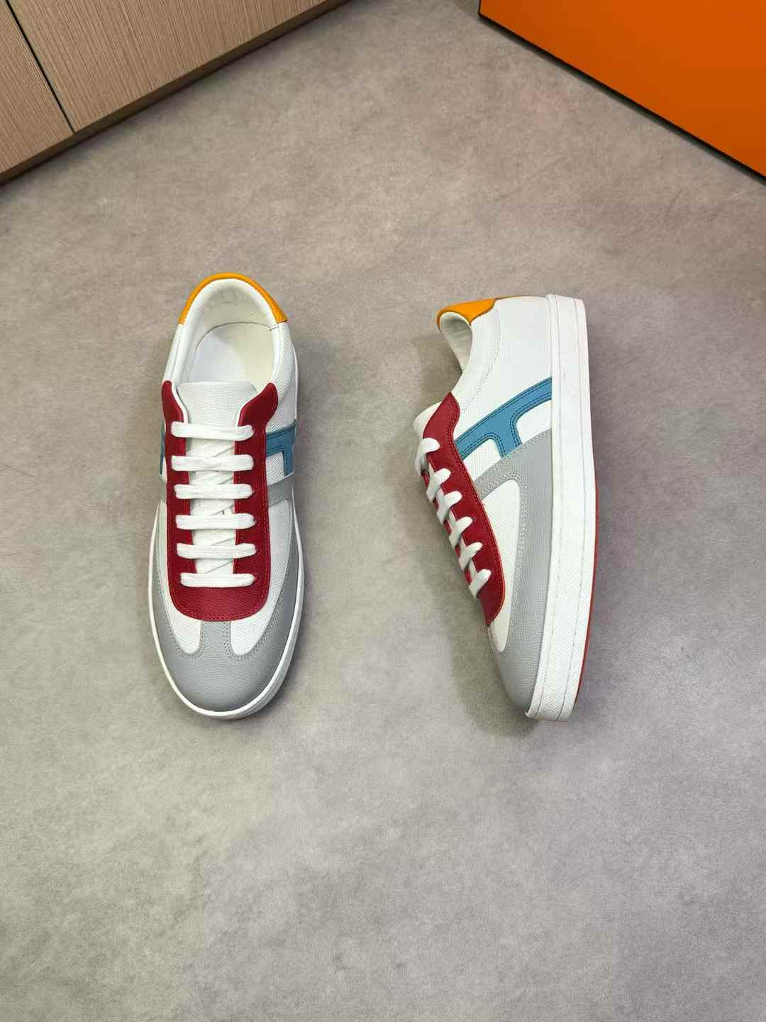 Hermes Boomerang sneakers in white, red, and grey leather