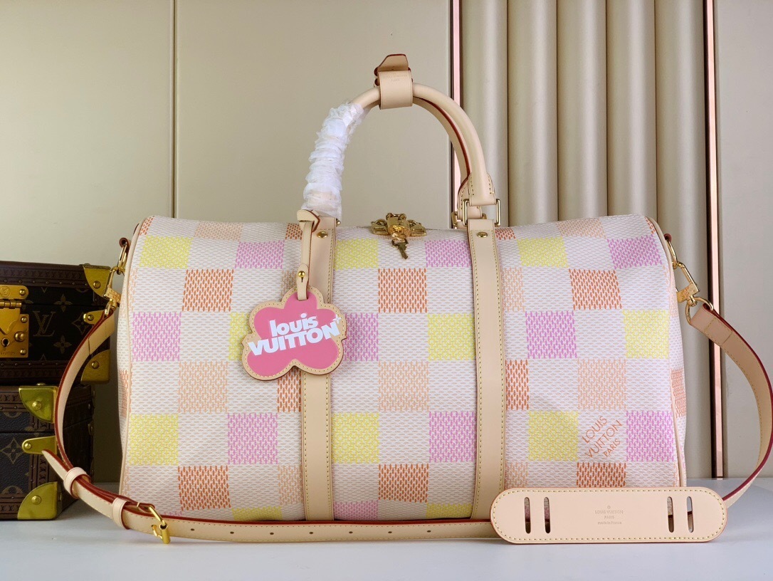 LV Keepall Bandouliere 45 bag in Damierlicious coated canvas with a Giant Damier motif in four pastel shades