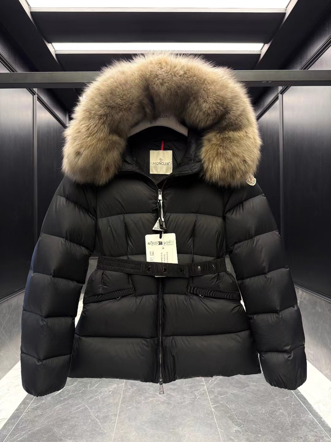 Moncler Boed short down jacket with hood and shearling trim