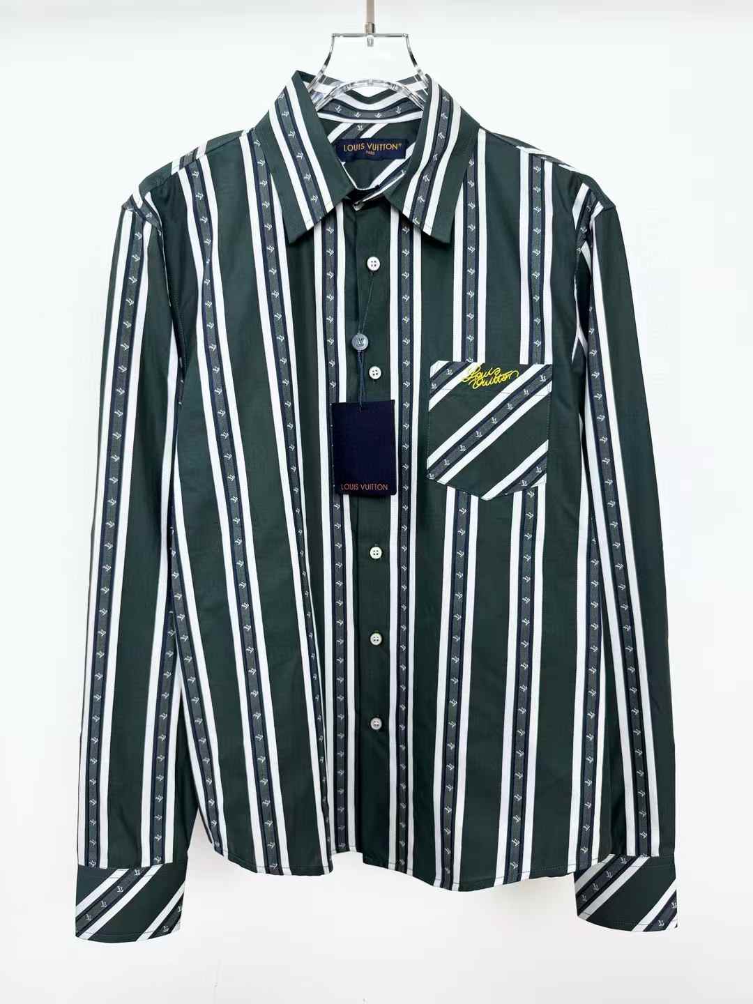 LV dark green long-sleeved silk shirt with a striped tie allover jacquard pattern.
