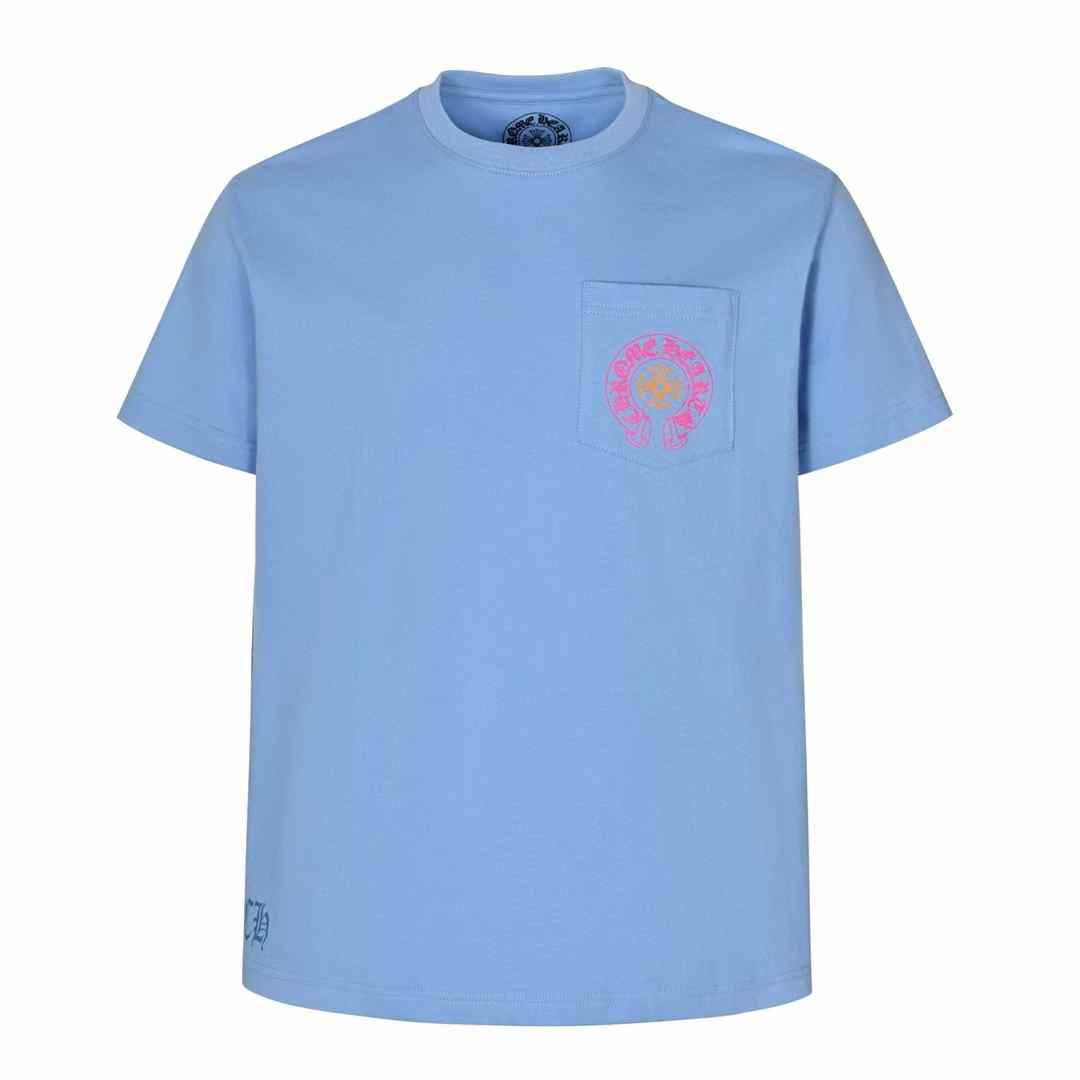Chrome Hearts Miami Art Basel Horseshoe T-shirt in baby blue with a pink graphic