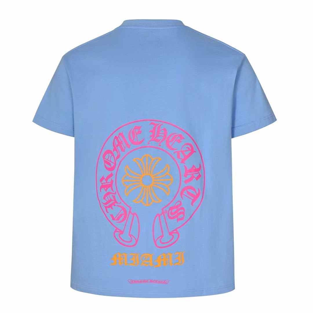 Chrome Hearts Miami Art Basel Horseshoe T-shirt in baby blue with a pink graphic