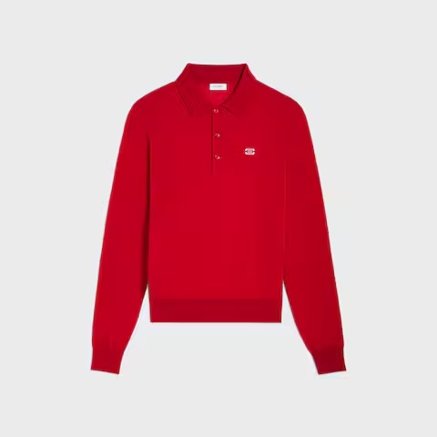 Celine Homme long-sleeved polo sweater in fine cotton with a Triomphe embroidery in red