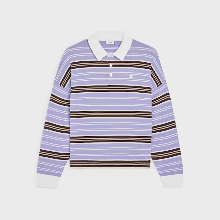 Celine polo sweater in striped cotton in lilac, brown, and ecru