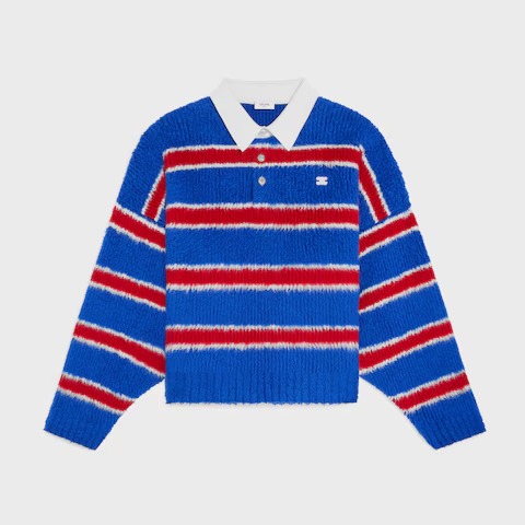 Celine Homme Polo Sweater in brushed striped cotton in blue, red, and ecru